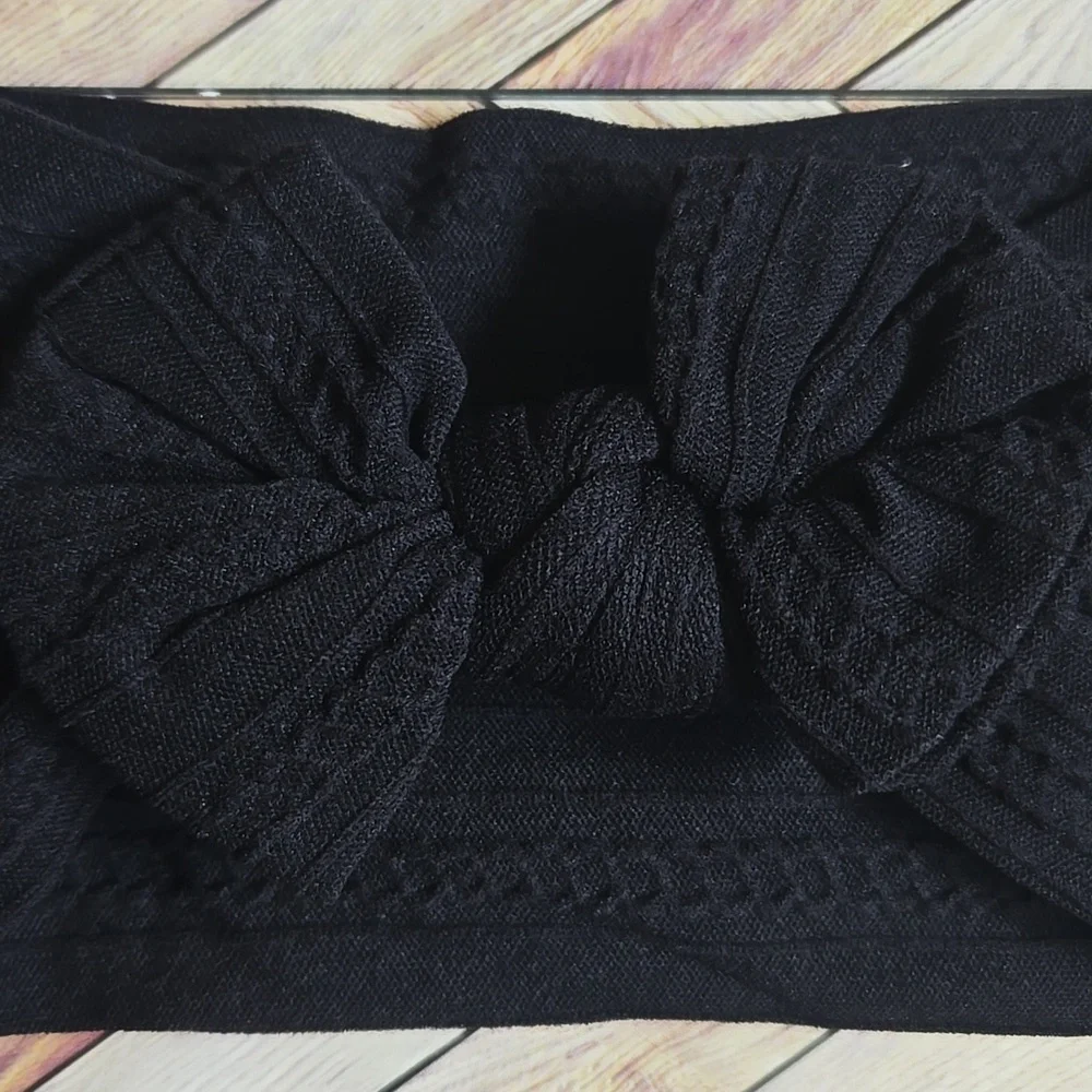 Boho Bowknot Black Headband Cable Knit Baby Girl Nylon Kids Bow Hair Band